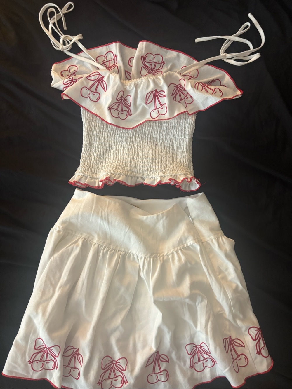 White Cherry-Print Smocked Mini Skirt - Women's and Matching top